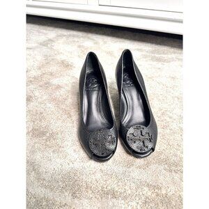 Tory Burch Shoes Wedge Heels Women's Size 5M Blue Leather Logo Open Toe EUC